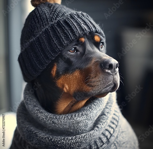 a rottweiler outside wearing a grey sweater wearing a knit hat II photo