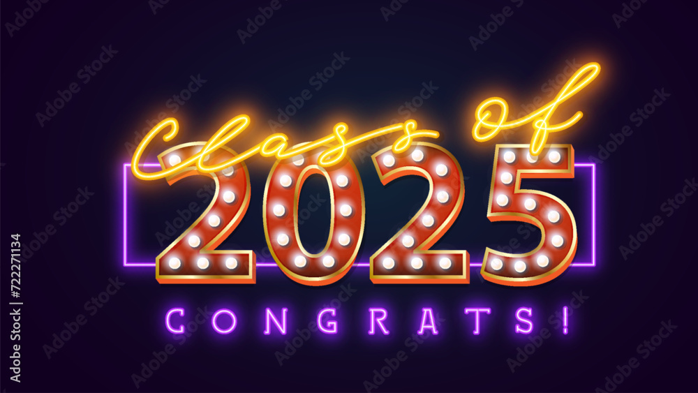 Vector realistic isolated neon sign of 2025 Graduation with easy to change color font alphabet
