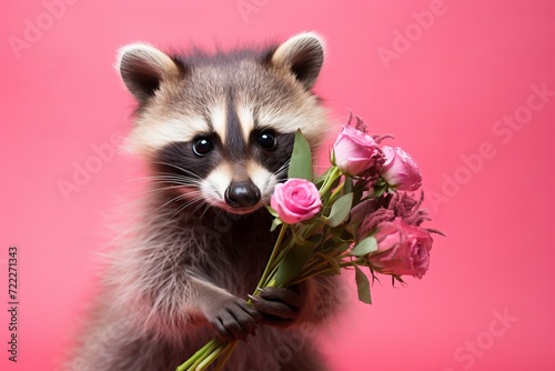 Playful raccoon with a beautiful bouquet of roses on a vibrant pink studio backdrop