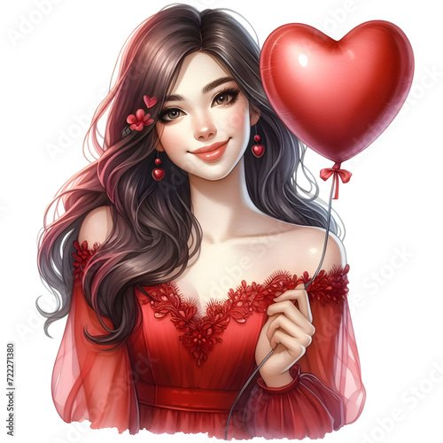 Romantic girl with red heart shaped balloons, Valentine cute girl, love in air PNG clipart for printable craft, sublimation, decoration, poster banner, junk journal, greeting catd etc