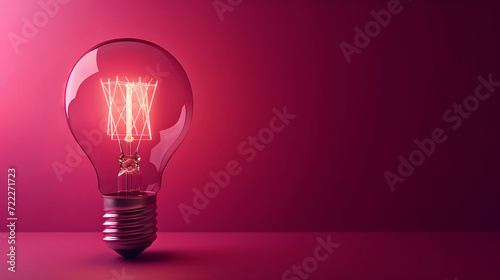 Light bulb on purple background with copy space. Glowing light bulb symbol of new idea, inspiration, innovation, solution, creativity concept. Design for banner, card, poster, ads. photo