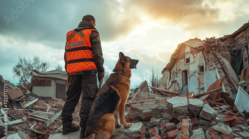 a search and rescue dog in a vest and a human rescuer on the ruins of a house after an earthquake photo