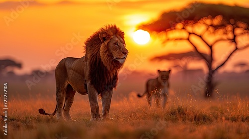 Wild lions in the savannah at sunset.