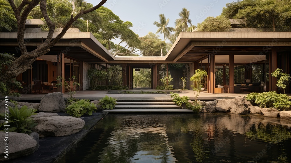 Pool villa with luxury lush landscaping, buildings to be stone , the setting is tropical. - obrazy, fototapety, plakaty 