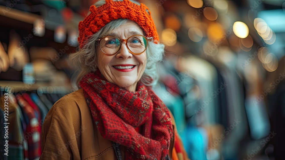 Happy senior woman shopping in a clothing store.