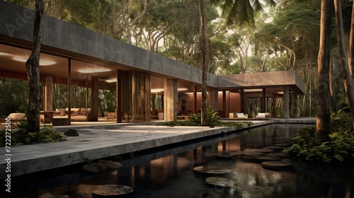 Pool villa with luxury lush landscaping, buildings to be stone , the setting is tropical.