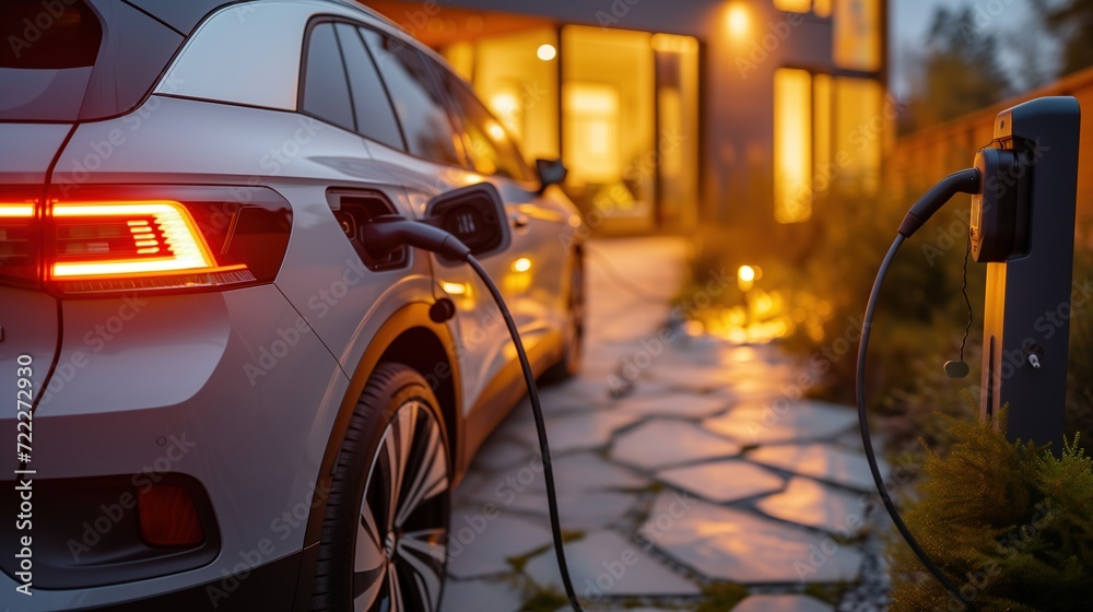 Generic electric vehicle hybrid car is being charged from a wallbox on a contemporary modern residential building house. technology of home charging for electric vehicles