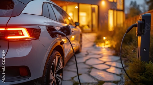 Generic electric vehicle hybrid car is being charged from a wallbox on a contemporary modern residential building house. technology of home charging for electric vehicles