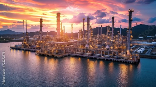 View of an oil refinery at sunset.