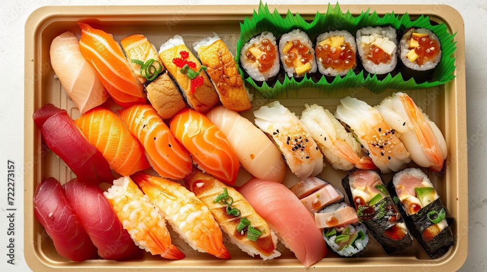 Top view, sushi assortment ready to eat inside a box. Top view, sushi assortment ready to eat inside a box.