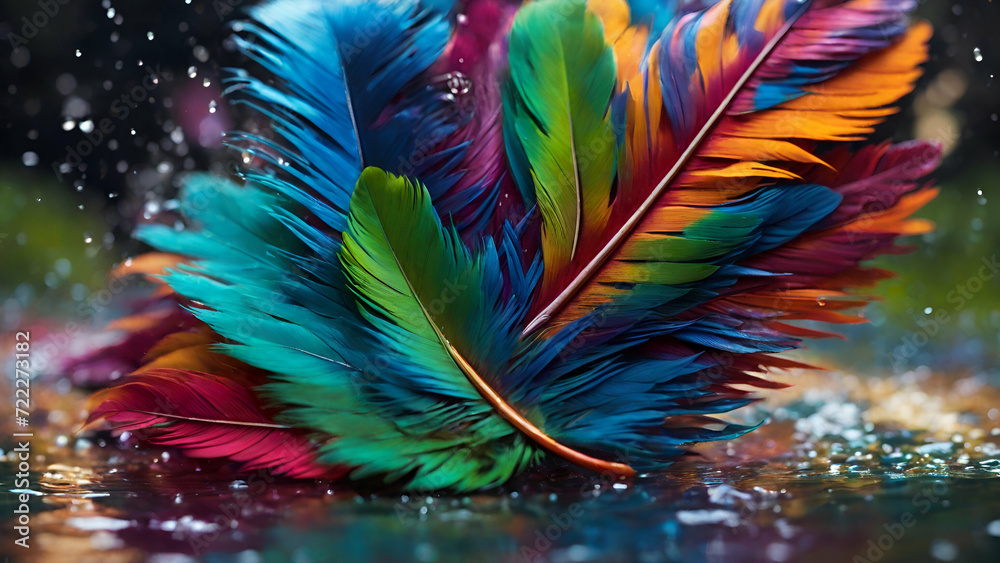 The vibrant feather, with its bold and vibrant colors, is brought to life by the gentle drizzle of water spray, creating a breathtaking display of nature's beauty.