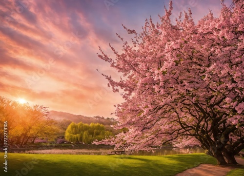 Decorative garden with majestically blooming large cherry trees on a fresh green lawn