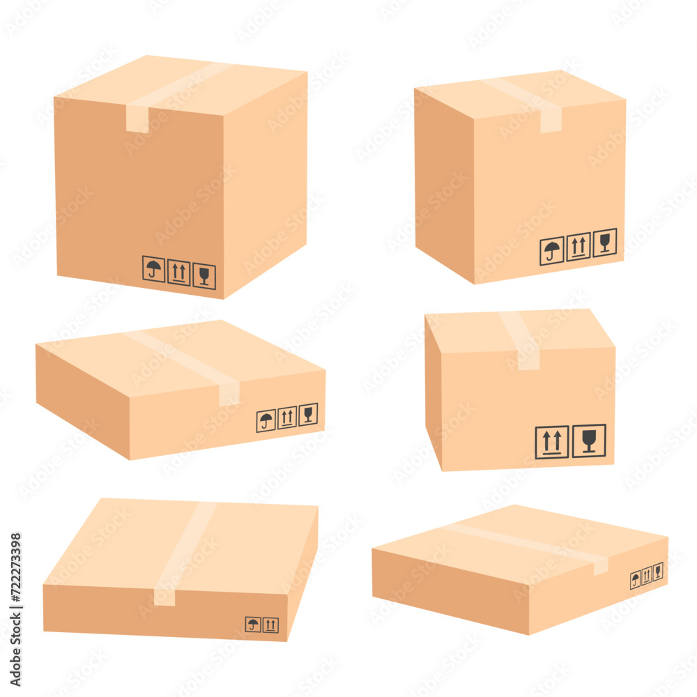 Set of cardboard box mockups different size. Isolated on white background. Vector carton packaging box images. Set of cardboard box mockups different size. Isolated on white background. Vector carton packaging box images.