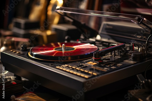 Close-up of a turntable playing a colorful vinyl record with ambient lighting