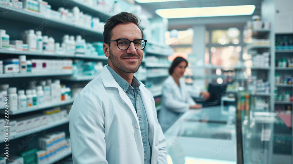 Male pharmacist is smiling at the camera with a pharmacy shelf in the background, and a colleague is slightly out of focus behind him. Male pharmacist is smiling at the camera with a pharmacy shelf in the background, and a colleague is slightly out of focus behind him.
