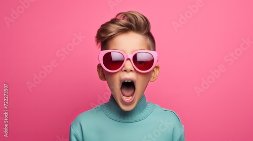 A boy wearing glasses opened his mouth and shouted on pink background.