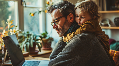 Father working from home with his child near his shoulder photo