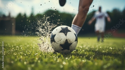 Close up of legs kicks a football on the soccer field. © STKS