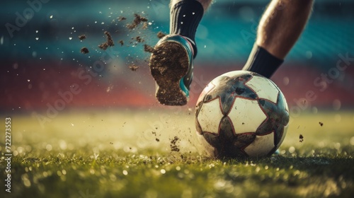 Close up of legs kicks a football on the soccer field.