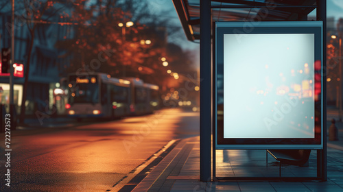 Vertical blank white billboard at bus stop on city streetin night. In the background road. Mock up. Poster on street next to roadway. Night time in city