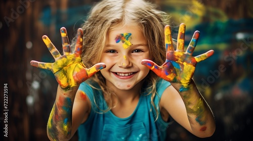 Little girl, smeared with multicolor paint, courses in freehand drawing, colors of life, hands dirty with color.