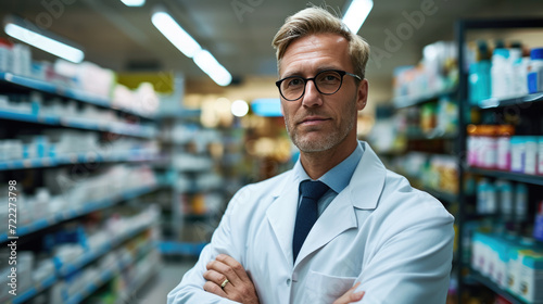 Confident male pharmacist in a white coat, standing with his arms crossed in a pharmacy full of medicine shelves. photo