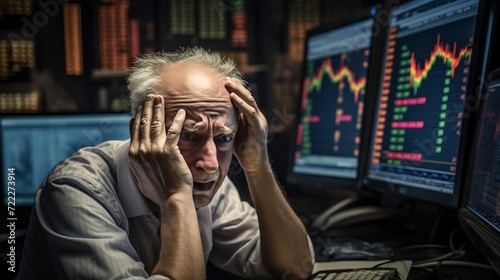 Stressed senior businessman puts his hands to his temples, indicating a lost investment.