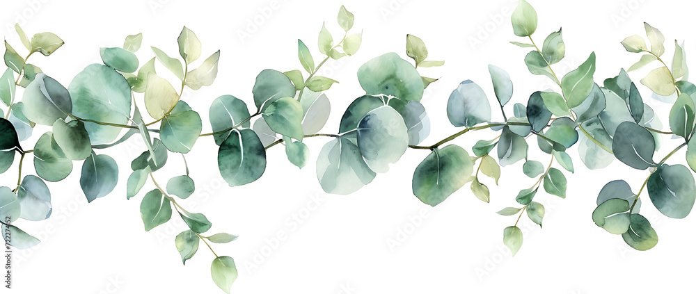 illustration of a natural watercolor background with green eucalyptus branches, in the style of floral, dark white and light aquamarine, decorative borders, wiesław wałkuski, white background - obrazy, fototapety, plakaty 