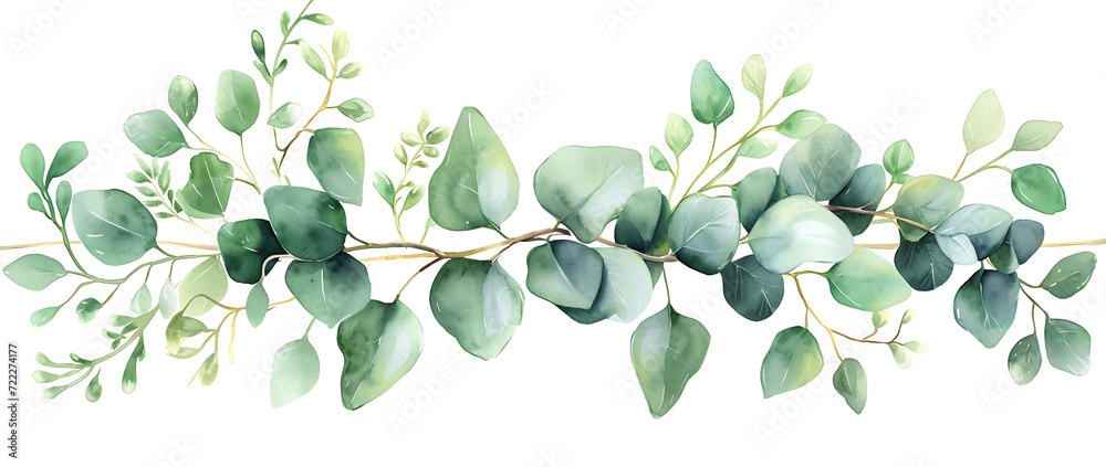illustration of a natural watercolor background with green eucalyptus branches, in the style of floral, dark white and light aquamarine, decorative borders, wiesław wałkuski, white background - obrazy, fototapety, plakaty 