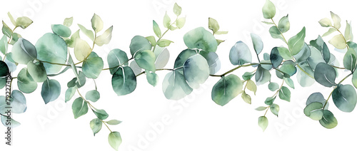 illustration of a natural watercolor background with green eucalyptus branches, in the style of floral, dark white and light aquamarine, decorative borders, wiesław wałkuski, white background photo
