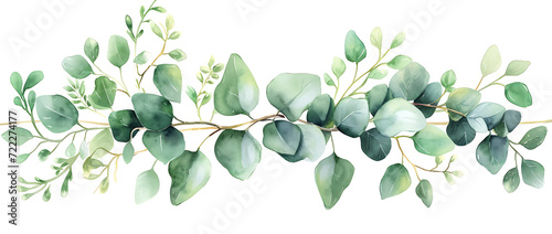 illustration of a natural watercolor background with green eucalyptus branches  in the style of floral  dark white and light aquamarine  decorative borders  wies  aw wa  kuski  white background