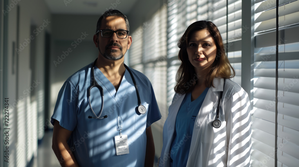 Two healthcare professionals, a man and a woman, both wearing scrubs and stethoscopes, are standing in a hospital corridor. Two healthcare professionals, a man and a woman, both wearing scrubs and stethoscopes, are standing in a hospital corridor.