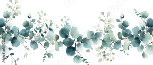 illustration of a natural watercolor background with green eucalyptus branches, in the style of floral, dark white and light aquamarine, decorative borders, wiesław wałkuski, white background.