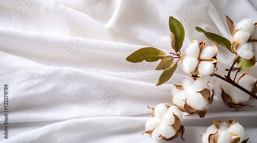 White cotton flowers on white cotton fabric background for sustainable fashion or organic products photo
