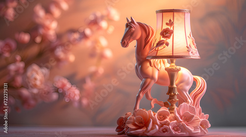 beautiful side lamp home decorative nightstand light in rose gold color and floral pattern horse sculpture figurine art piece as wide banner home decor interior design, generative ai