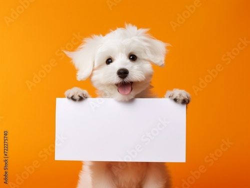 White puppy dog holding blank sign on orange background
