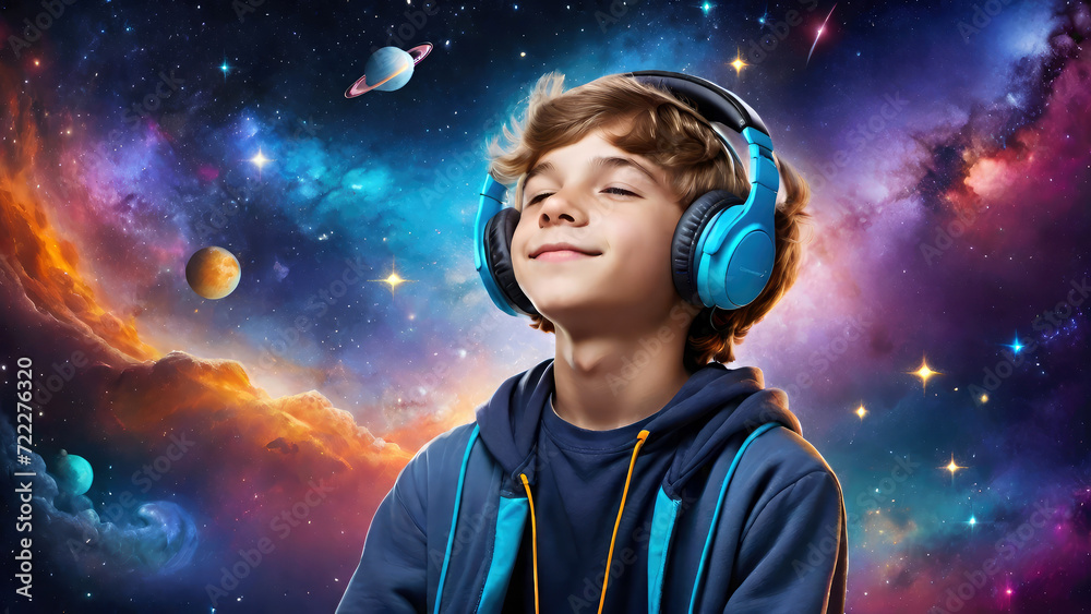 A teenage boy wearing on ear headphones and listening music on a colorful space galaxy background.Generative AI 