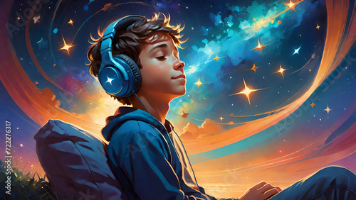 A teenage boy wearing on ear headphones and listening music on a colorful space galaxy background.Generative AI  photo