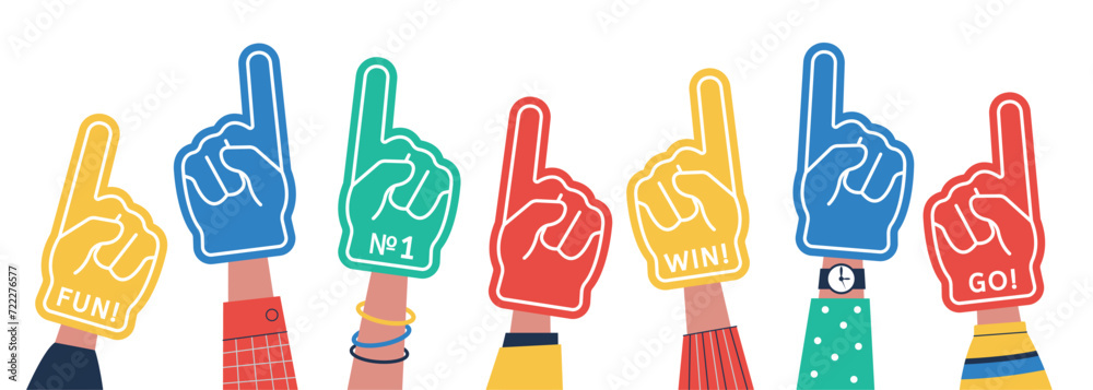 Fans fingers banner. Fan foam finger, competition support team. Sport, soccer or football symbols. Gloves on human hands, decent vector background