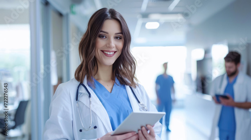 Smiling young female doctor with a stethoscope around her neck  holding a tablet  standing in a hospital corridor.