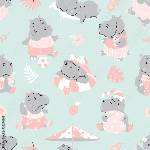 Hippo seamless pattern. Funny hippos resting and swimming. Adorable childish fabric print with cute animals. Nowaday decorative vector background