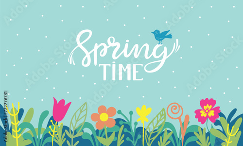 Spring lettering background. Doodle flowers and plants, handwritten seasonal phrase. Invitation, poster or ad banner neoteric vector template © MicroOne