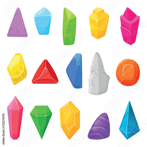 Cartoon gems clipart. Jewelry collection and gemstone for gaming. Isolated colorful crystals, shiny gem, brilliant, sapphire. Neoteric vector game icons