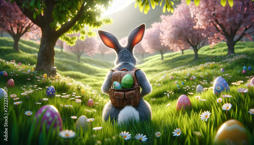 Easter bunny in a verdant green meadow carrying Easter eggs photo