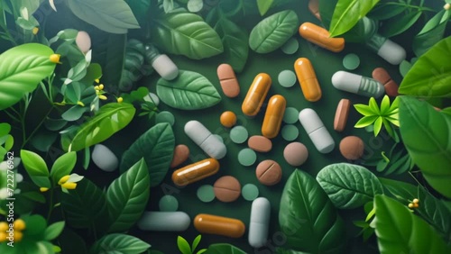 Natural supplements on green leaves nature background. Many health care multivitamins. Medicine vitamins for treatment. Organic bio pills. Herbal capsules. Homeopathy concept. Vegan detox product. photo