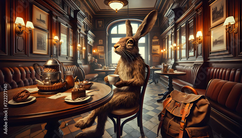 A rabbit in a classic Viennese café having a coffee for breakfast when having a break from Easter delivery photo