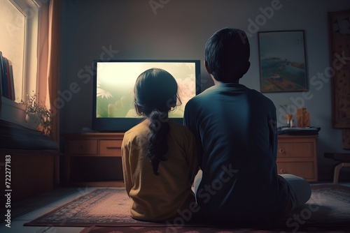 Back view teenage Indian girl and boy movie time. Siblings at home in front of tv screen. Generate ai