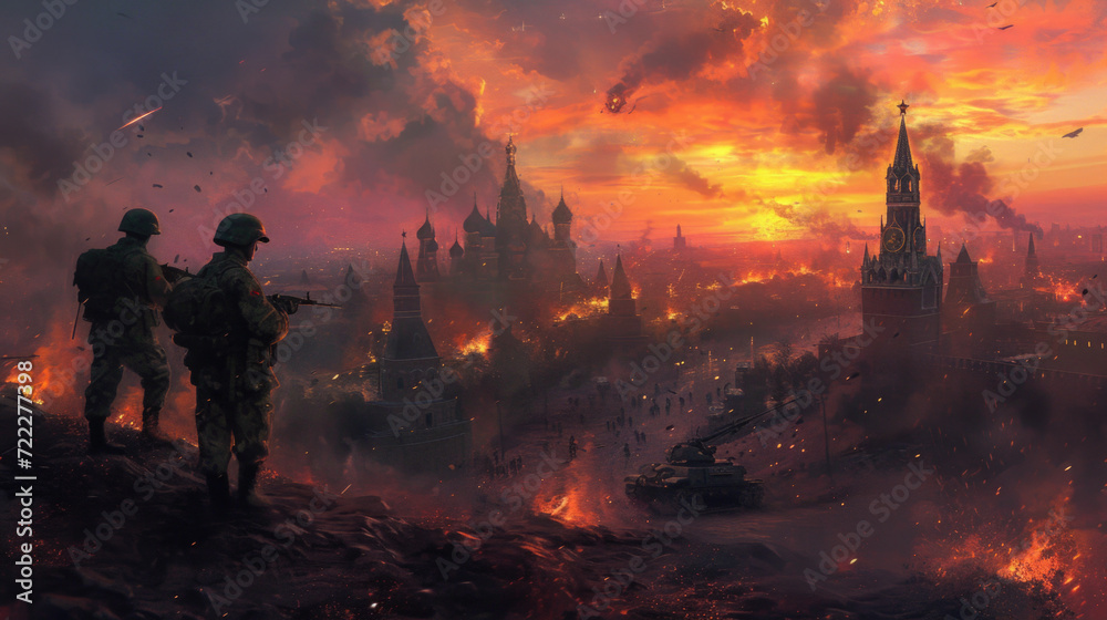 Fictional War in Moscow, Russia with Military Soldiers, Generative AI