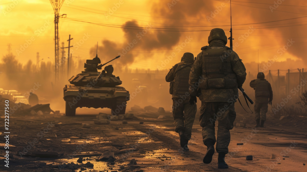 Soldiers in War with Army Tank, Generative AI