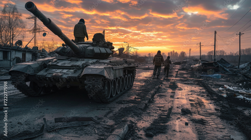 Soldiers in War with Army Tank, Generative AI